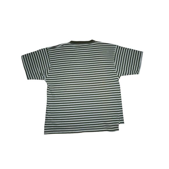 Vintage B.U.M. Equipment Striped T-Shirt Green White Logo Spellout 90s Size M - Picture 2 of 4